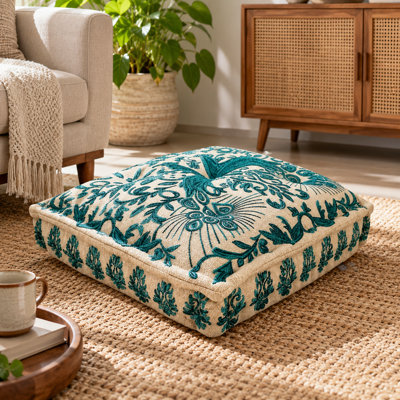 Embroidered Square Floor Pillow 30 x 30 x 5" Large Decorative Cushion