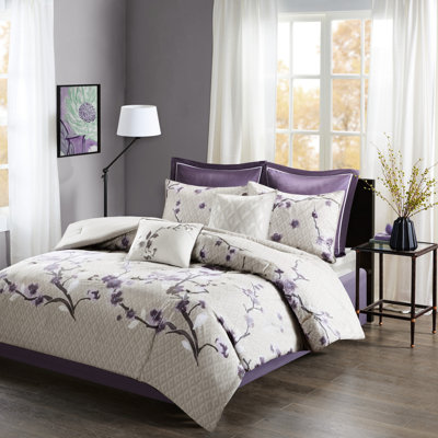 Édredon pour très grand lit mauve / taupe - 8 pièces décoratives en coton à imprimé floral sur le côté, 2 coussins décoratifs assortis, accessoire de remplissage lavable à la machine