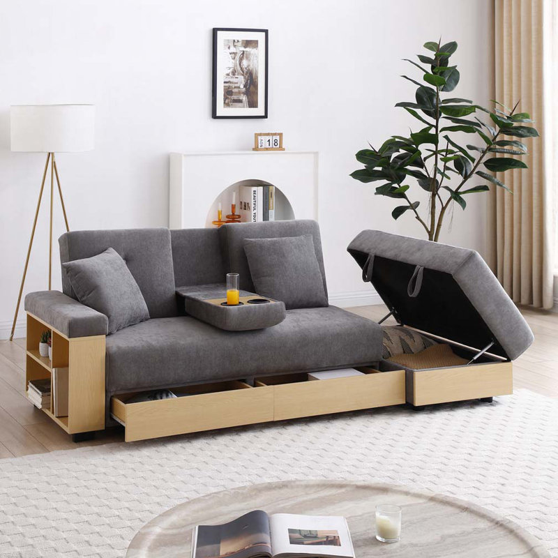 Canapé-lit convertible, repose-pieds avec rangement et accoudoir avec boîte et tiroir, table rabattable avec 2 porte-gobelets