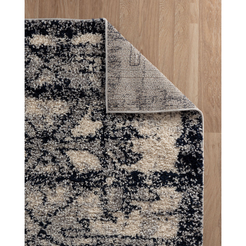 Tapis noir à poil long abstrait Gazella, Rectangle 5 pi x 7 pi