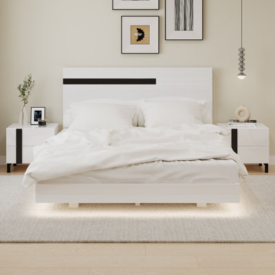 Ensemble de chambre à coucher moderne 3 pièces avec lit à plateforme flottante grand brillant avec lumière DEL et 2 tables de chevet, blanc