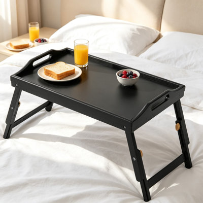 Plateau de lit en bambou réglable en hauteur avec pieds pliables, table d'appoint portable pour manger sur les genoux, plateau à goûter pour la chambre et les pique-niques
