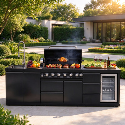 Îlot de cuisine extérieure 3 en 1 de 114 pouces, barbecue au gaz GNL 6 brûleurs avec rôtissoire, réfrigérateur extérieur et évier encastré, comptoir en marbre, structure en acier inoxydable, tiroirs et placards de rangement pour vos barbecues dans le jardin.