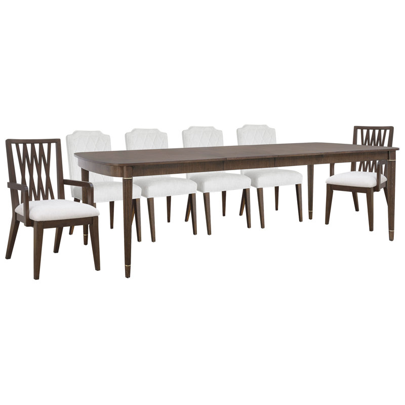 Leg Dining Table With 6 Upholstered Side Chairs And 2 Wood Back Arm Chairs, 9 Pcs: Table, 8 Chairs