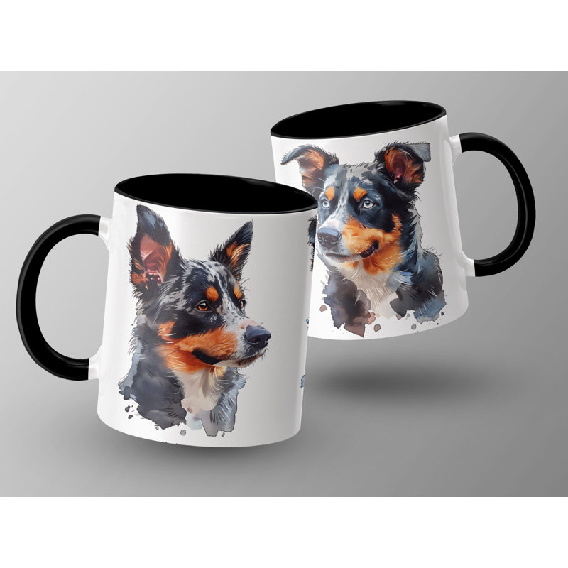 11oz Watercolour Australian Shepherd Design Coffee Mug, 3, Black