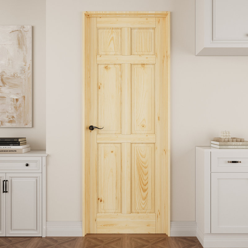 Porte intérieure en bois de pin à 6 panneaux, porte pré-suspendue en pin massif naturel Colonial, avec trousse de joint, bande d'étanchéité, ouverture vers la droite, charnières noires et poignée incurvée, porte non finie et à peindre, pour garde-manger, chambre à coucher, salle de bain, garde-robe et salon "x 80"