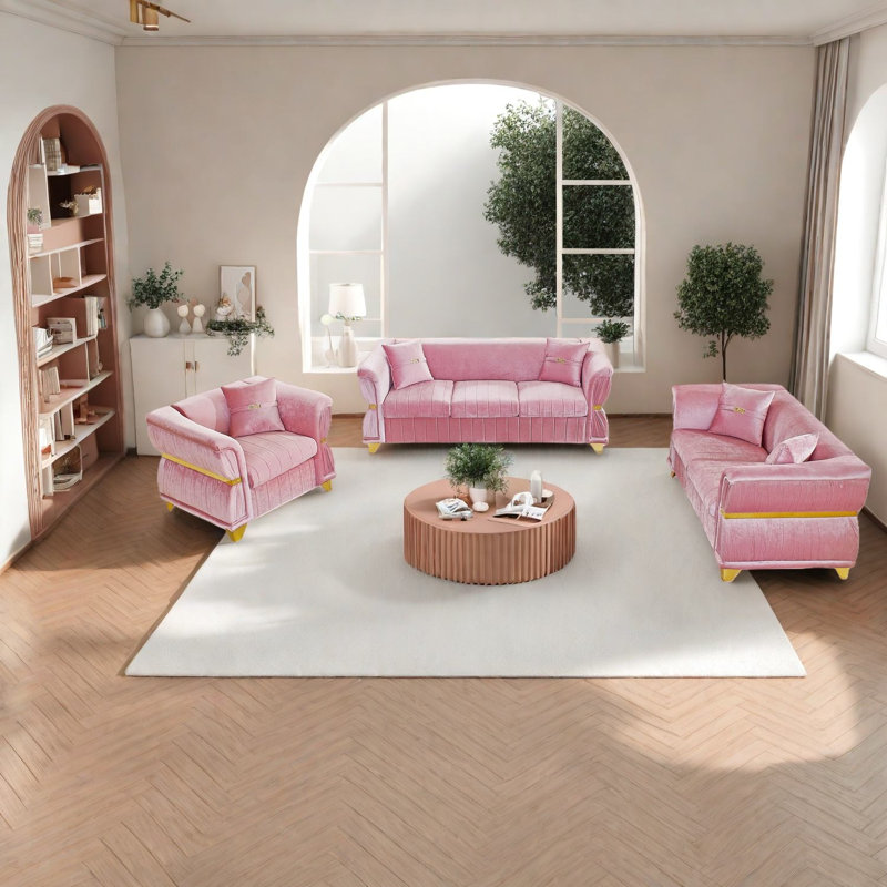 Ensemble de canapés modernes en velours rose 3 pièces avec garniture en métal doré pour la maison