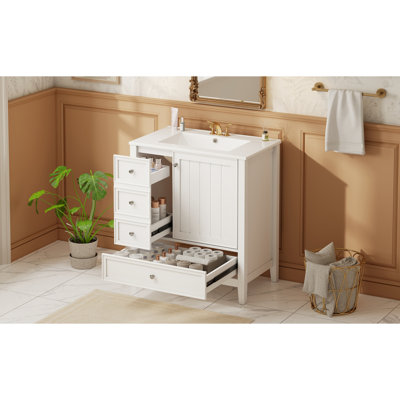 Meuble-lavabo 30 po avec lavabo, 1 armoire et 3 tiroirs, panneau de bois massif et panneau de fibres à densité moyenne, bleu