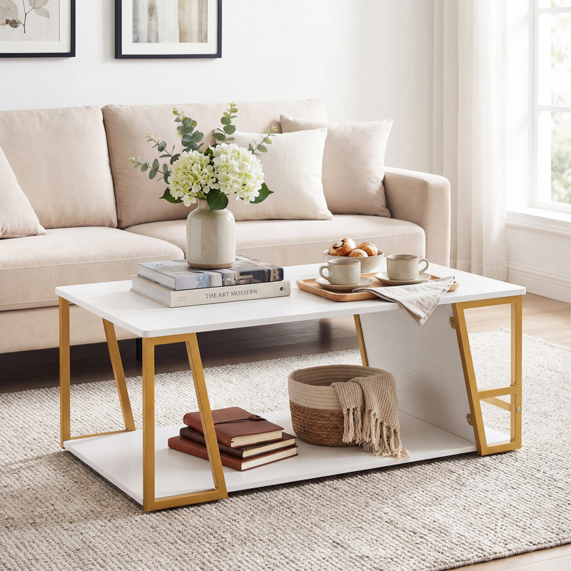 Coffee Table with Storage, Gold, White