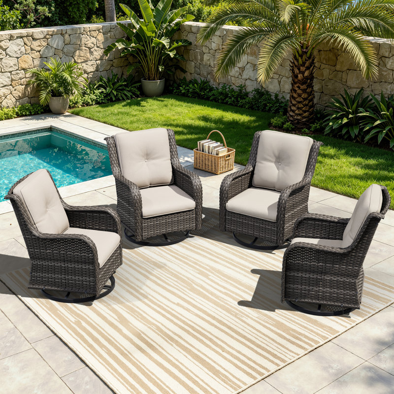 Ivandell Outdoor Wicker Swivel Rocking Chairs (Set of 4) with Olefin Cushions, Beige