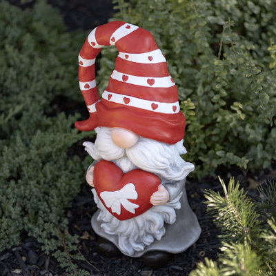 Magnesium Garden Gnome Holding Heart with Bow & Red Striped Hat "The Valentinos"
