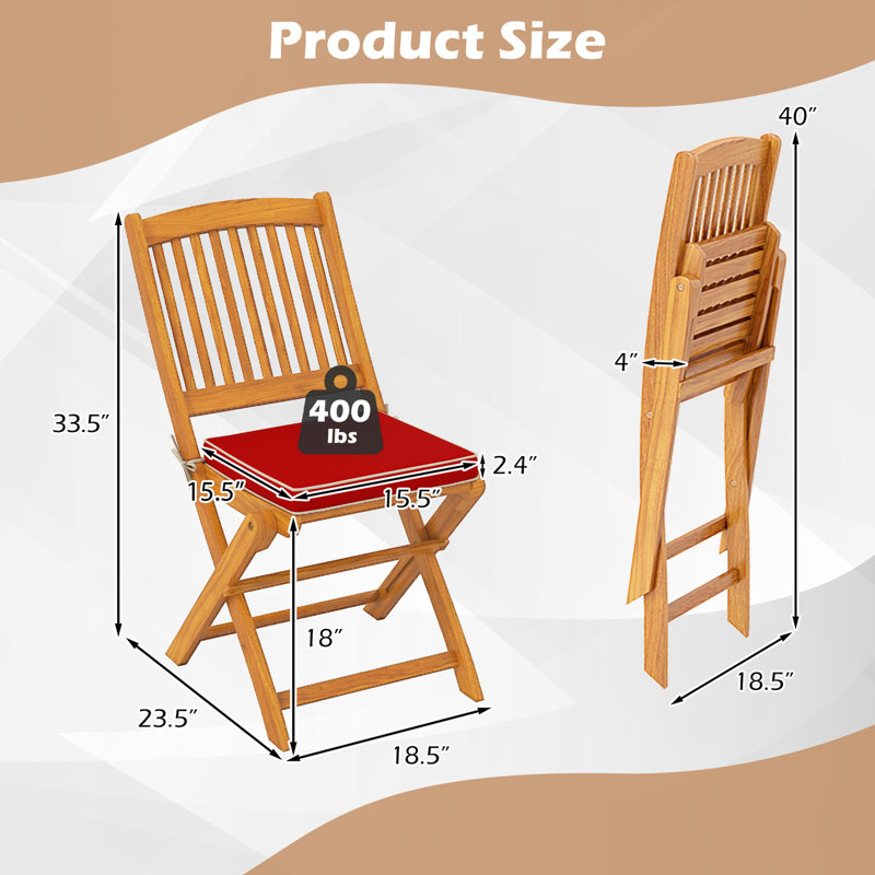 Ensemble de 2 chaises pliantes d'extérieur en bois d'acacia à haut dossier avec coussins de siège, Rouge