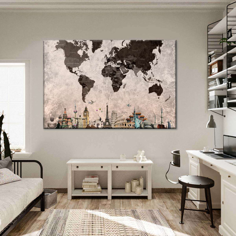Grunge Landmarks World Map Canvas Print, 30" H x 45" W x 1.25" D