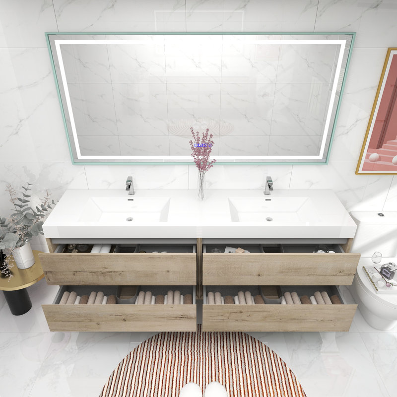 83.4'' Double Bathroom Vanity with Acrylic Top, Light Oak