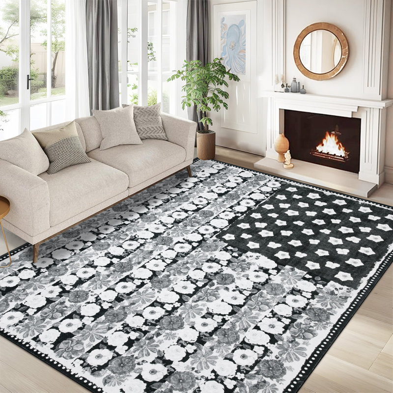 Tapis lavables floraux antidérapants Boho, Noir, Rectangle 6 pi x 9 pi