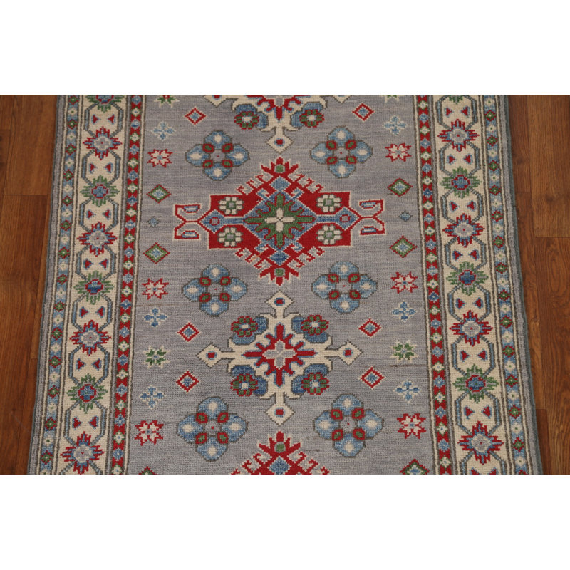 Gray Geometric Kazak Runner Rug