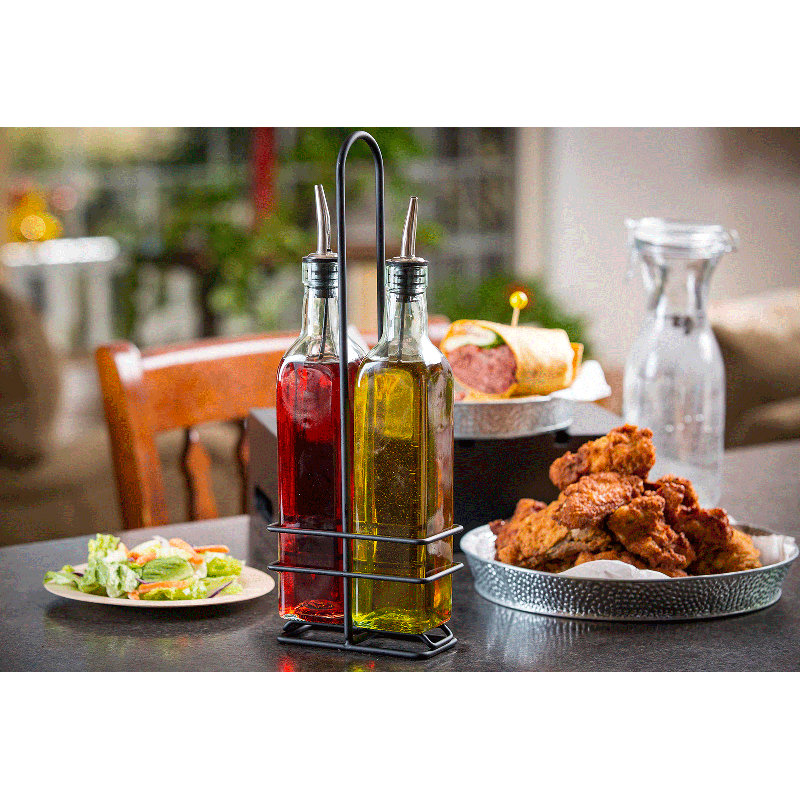 TableCraft Prima Collection 16 oz Oil & Vinegar Bottles, Black Powder-Coated Steel Rack