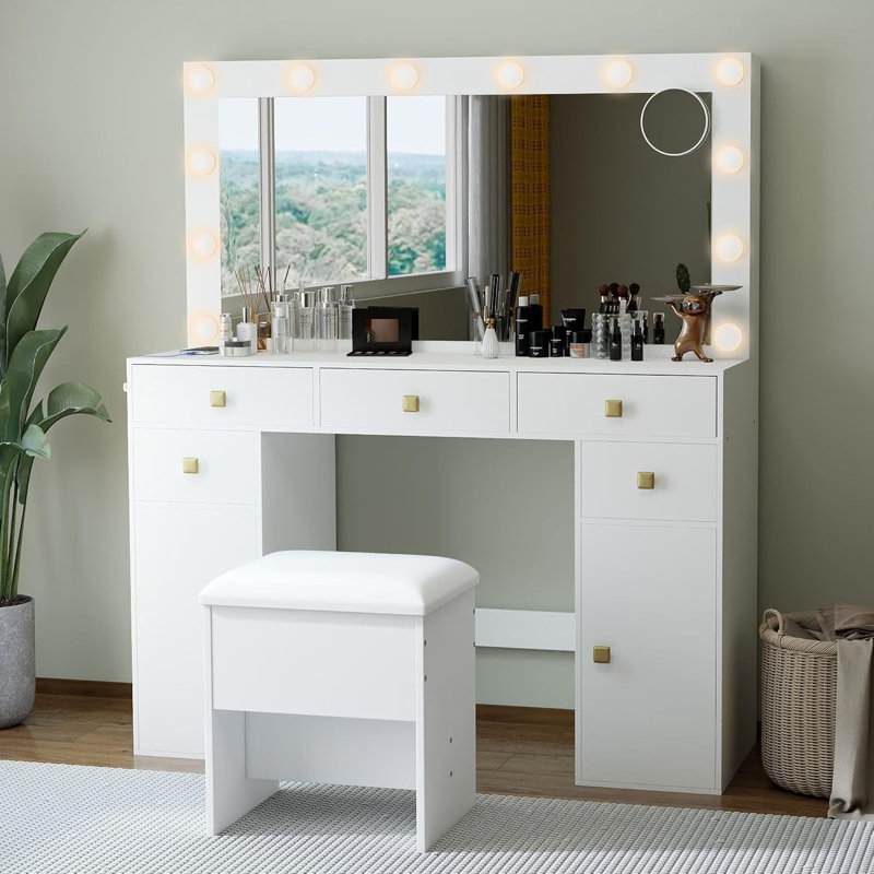 Makeup Vanity Desk,41”Large Mirror,12 Adjustable 3 Color LED Bulbs,5 Drawers,Suitable for Girls' Makeup Vanity,White, White