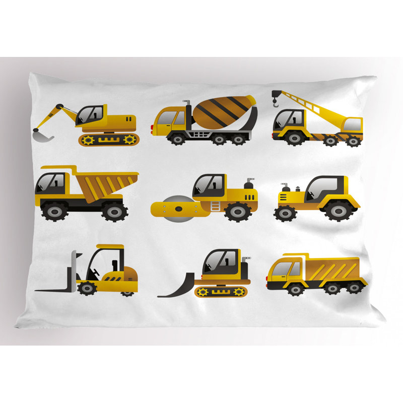 Kids Construction Vehicles Yellow and White Polyester Pillow Sham