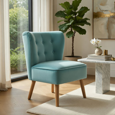  Fauteuil d'appoint moderne en velours sans accoudoirs, chaise longue ergonomique en bois d'hévéa pour salon, bureau et salle à manger, bleu