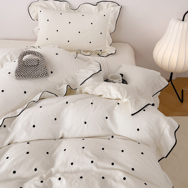 Joli ensemble de housse de couette en microfibre à pois, Housse de couette grand et 2 taies d'oreiller stan, Blanc