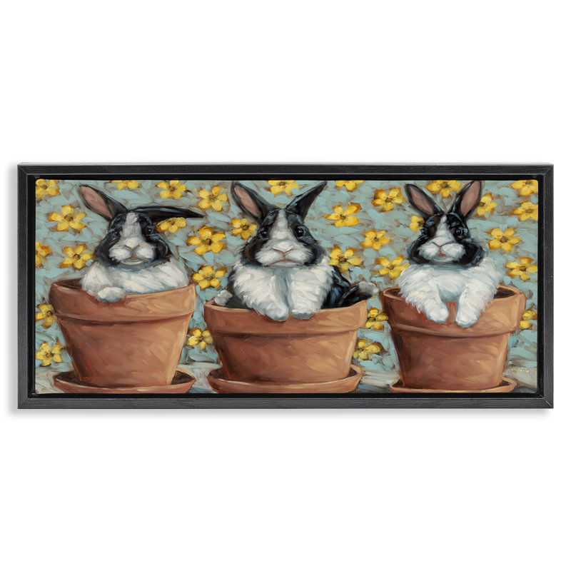 «Three Bunnies in Pots», art mural sur toile flottante par Sara G. Designs, Cadre flottant noir de jais, H 14 po x l 31 po