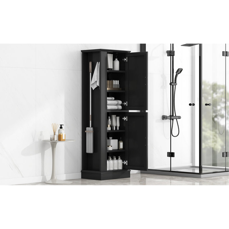 Grande armoire de rangement pour salle de bain, armoire de rangement autoportante avec crochet et tablette réglable, panneau en bois aggloméré, noir