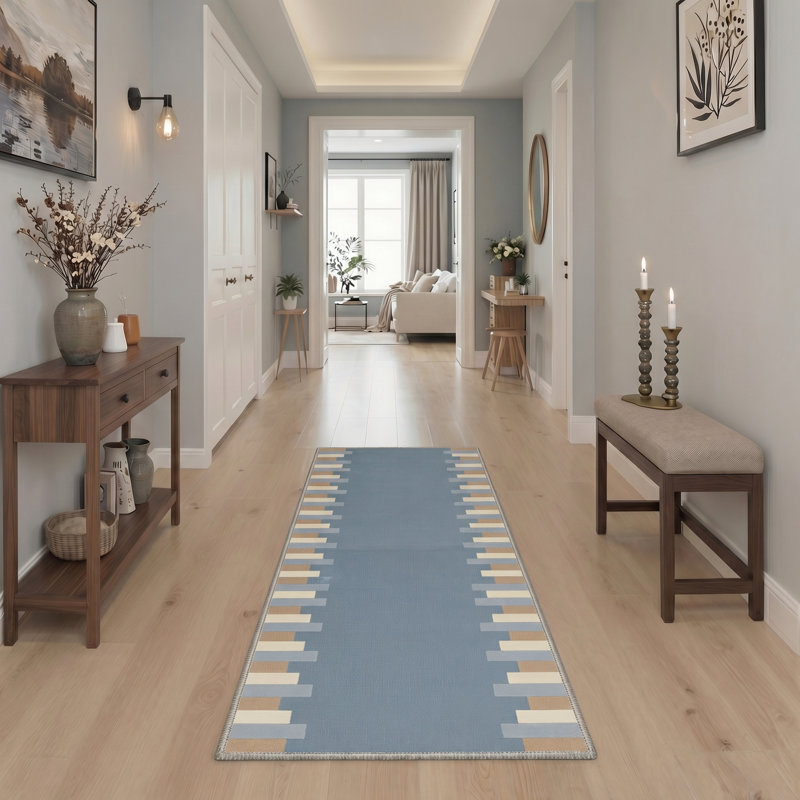 GeoStripe Geometric Machine Washable Blue Indoor Area Rug with Non-Slip Backing, Runner 2' x 7'