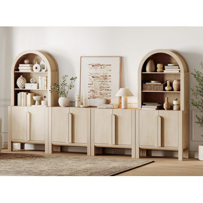 Grande bibliothèque arquée H 71 po x l 126 po avec 4 armoires et 8 portes, bibliothèque moderne à 10 niveaux avec rangement ouvert, grande vitrine en bois pour le salon, la chambre et le bureau