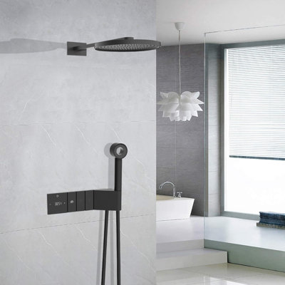 Luxury Matte Black Thermostatic 10.8 Inch 6 Spray Setting Shower Set