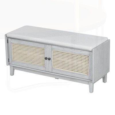 Rattan Entryway Bench with Storage, Cushioned Shoe Organizer for Hallways and Foyers, Dual Functionality and Bohemian Design