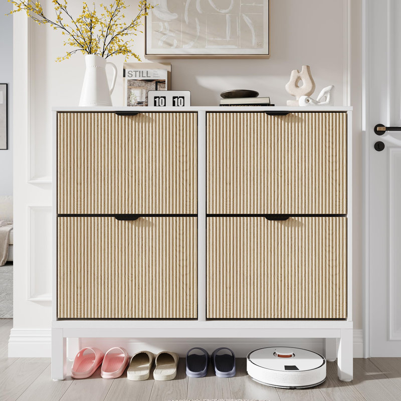 Armoire à chaussures cannelée avec 4 tiroirs rabattables, rangement pour chaussures dissimulé mince avec pieds en métal pour le vestibule