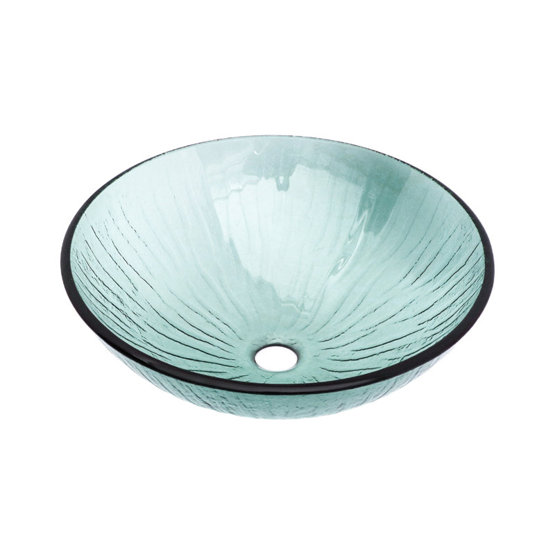 Artistic Vertical-Textured Glass Vessel Bathroom Sink With Pop-Up Drain (No Faucet), Green