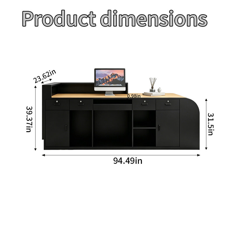 Bureau de réception avec tiroirs verrouillables, 39.37'' H X 94.49'' W X 23.62'' D, Black