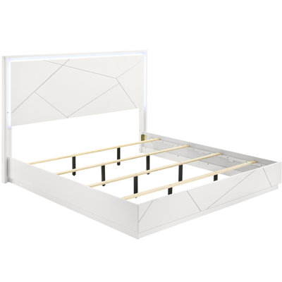 Contemporary Style Queen Bed With Geometric Headboard And Led Lighting. High - Gloss Lacquer Finish On A Wood For Bedroom Use Modern Design Integrated Solid Engineered Frame