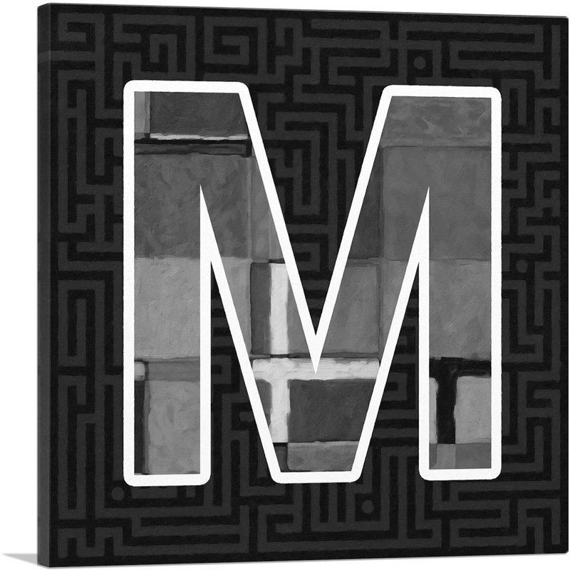 Art moderne noir et blanc, lettre M - impression sur toile tendue, H 12 po x l 12 po x P 1,5 po