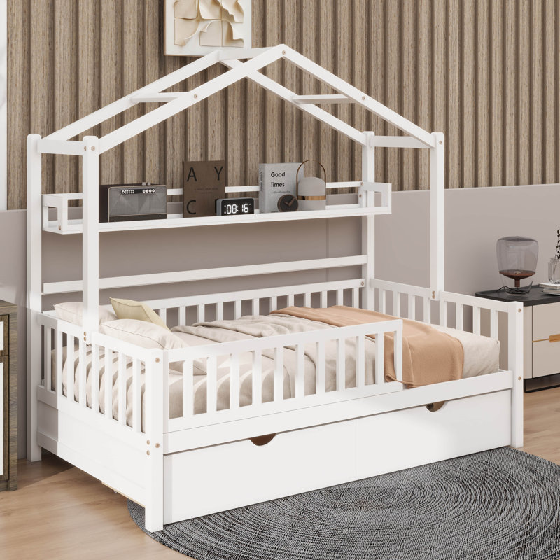 Lit de maison en bois avec deux tiroirs et une tablette de rangement pour un style fonctionnel, Lit double