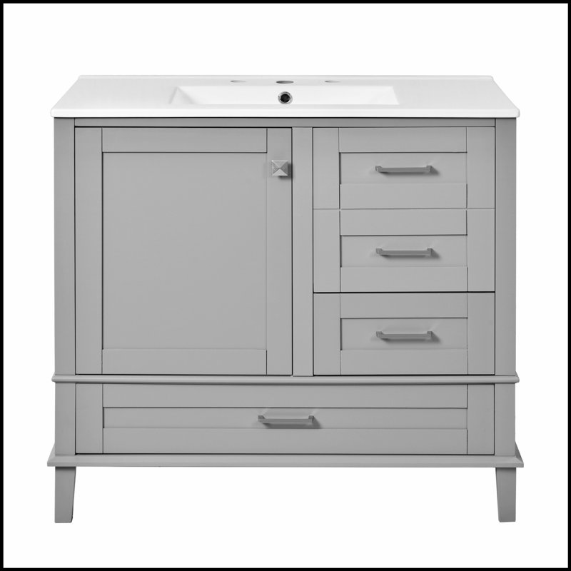 Meuble-lavabo moderne 36 po avec cadre en pin massif, porte à fermeture douce et tiroirs, armoire de rangement moderne, Gris