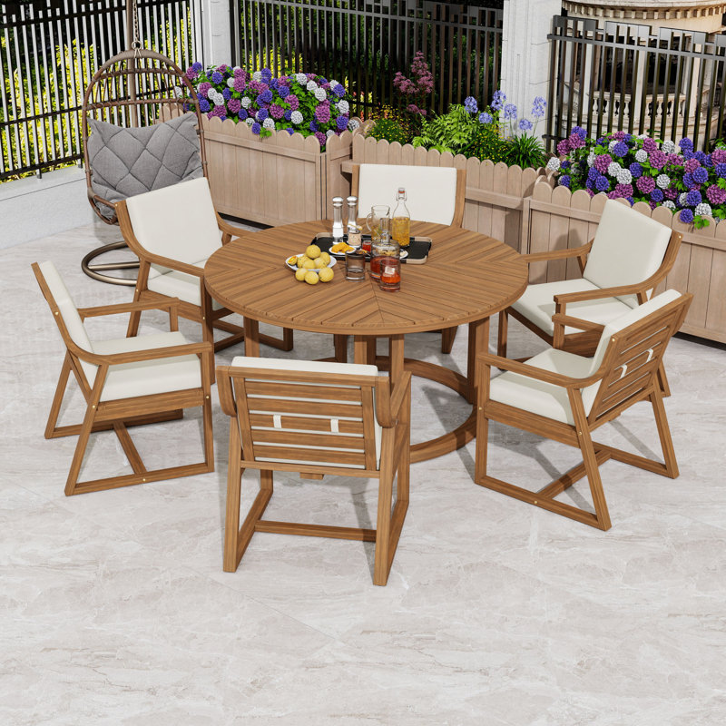 7-Piece Outdoor Dining Table Set with Hollow Design Tabletop, Removable Cushions and Umbrella Hole, Light Teak