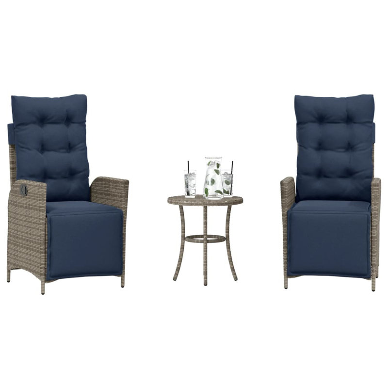 2 - Person Wicker Patio Dining Set with Round Table , Cushions Included, Gray, Blue
