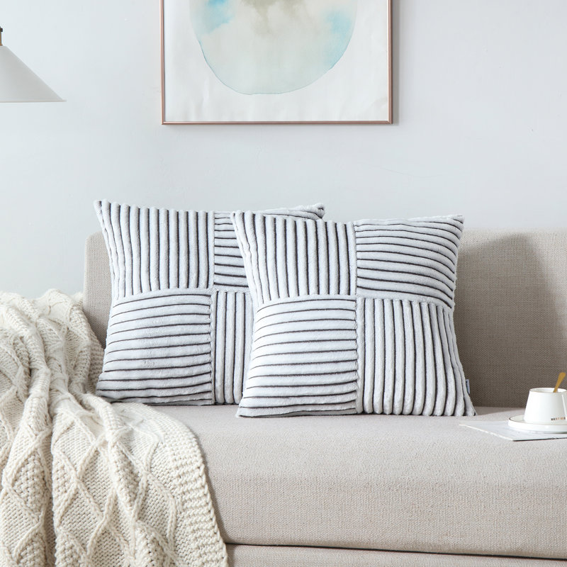 Housse de coussin carré en velours côtelé, Noir / gris, H 16 po x l 16 po