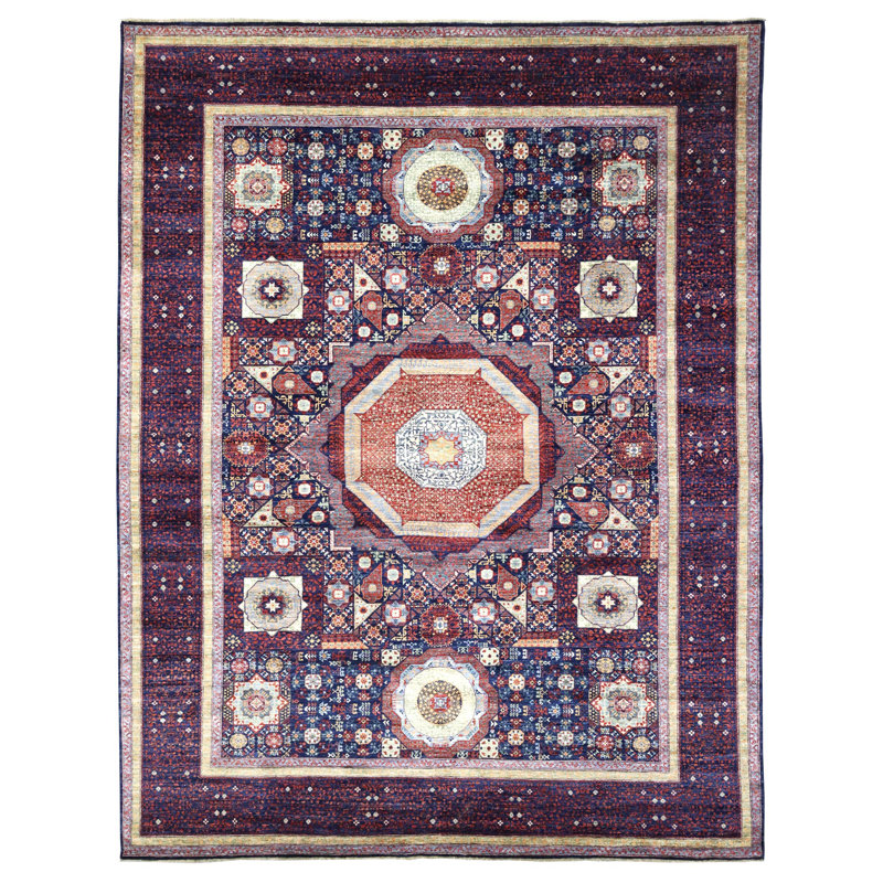 Tapis unique nouvel âge 9 pi x 11 pi 10 po en rouge / bleu marine / mauve / ivoire Mamluk