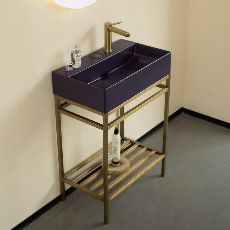 Lofi 24" Freestanding Bathroom Vanity Set with Ceramic Sink, Rectangular Ceramic Console Sink without Faucet, Open Stainless Steel Legs, Storage Shelves