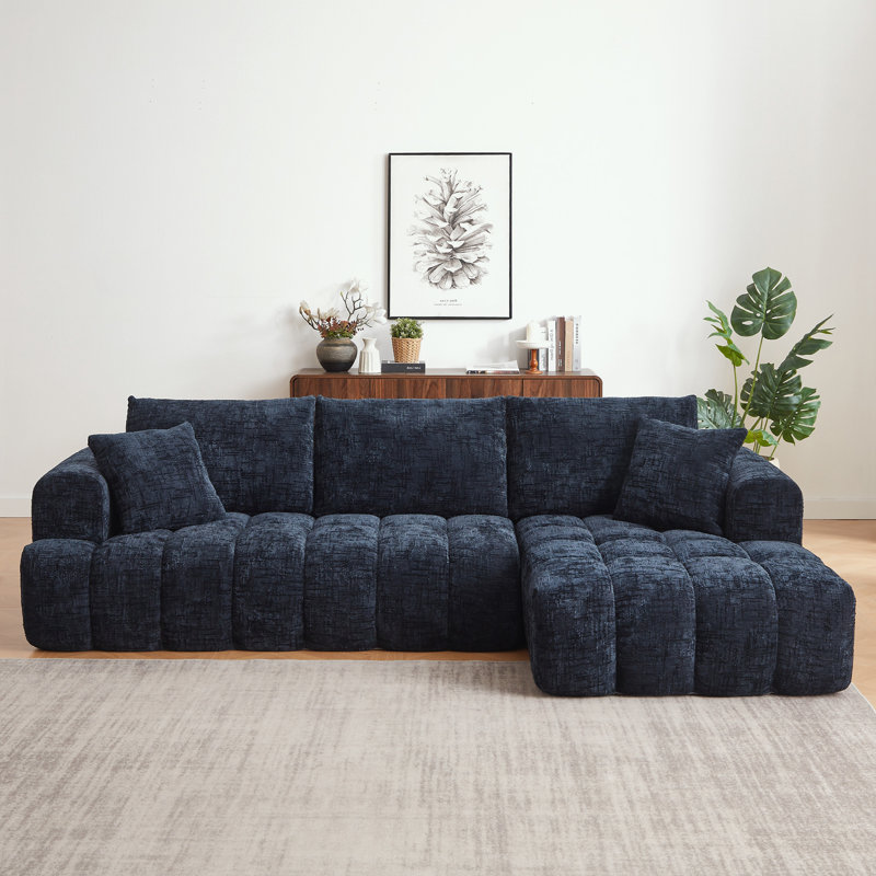 108" Dark Blue Chenille Sectional Sofa, Tufted Design & Pocket Springs, No Assembly, Dark Blue Chenille, Right Hand Facing