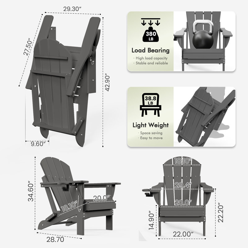 HDPE Outdoor Foldable Adirondack Chair Set Fire Pit Chair, Gray