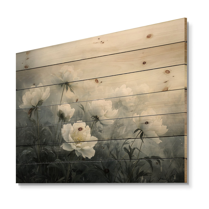 Pivoines dans la brume de la prairie - Décoration murale en bois de pivoines - sur bois de pin naturel