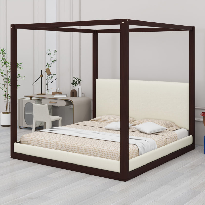 Lit plateforme moderne à baldaquin avec tête de lit rembourrée, Espresso
