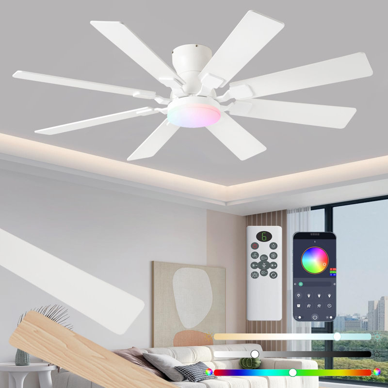 Ventilateur de plafond de 52 pouces avec lumière, ventilateur de plafond à profil bas réversible à 6 vitesses avec lumière et télécommande / commande APP