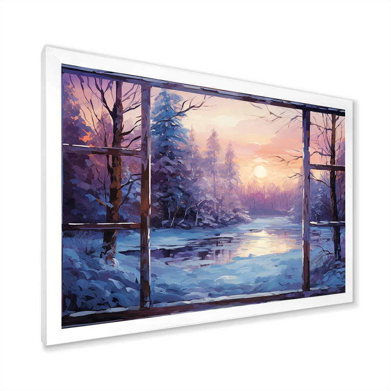 «Purple River Winter Windows II - Winter Landscape», art mural, Cadre de coin blanc fermé, H 12 po x l 20 po x P 1 po