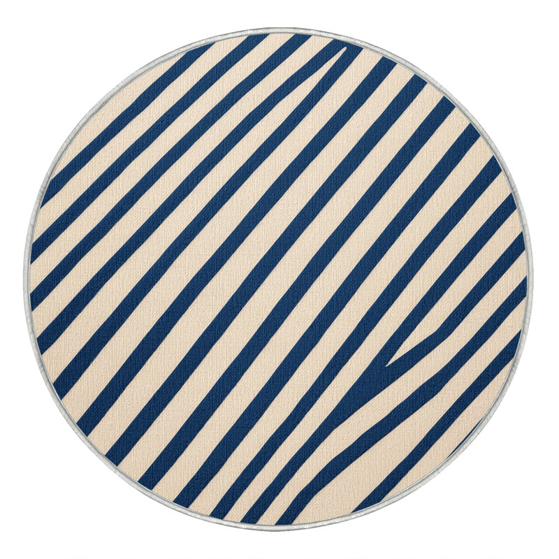 Washable Sky Blue Cream Striped Area Rug, Round 3'